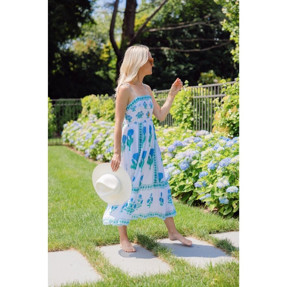 NWT Oliphant Tie Strap Midi in Bloom Blue Blockprint Cotton Tank Dress M - Picture 4 of 8